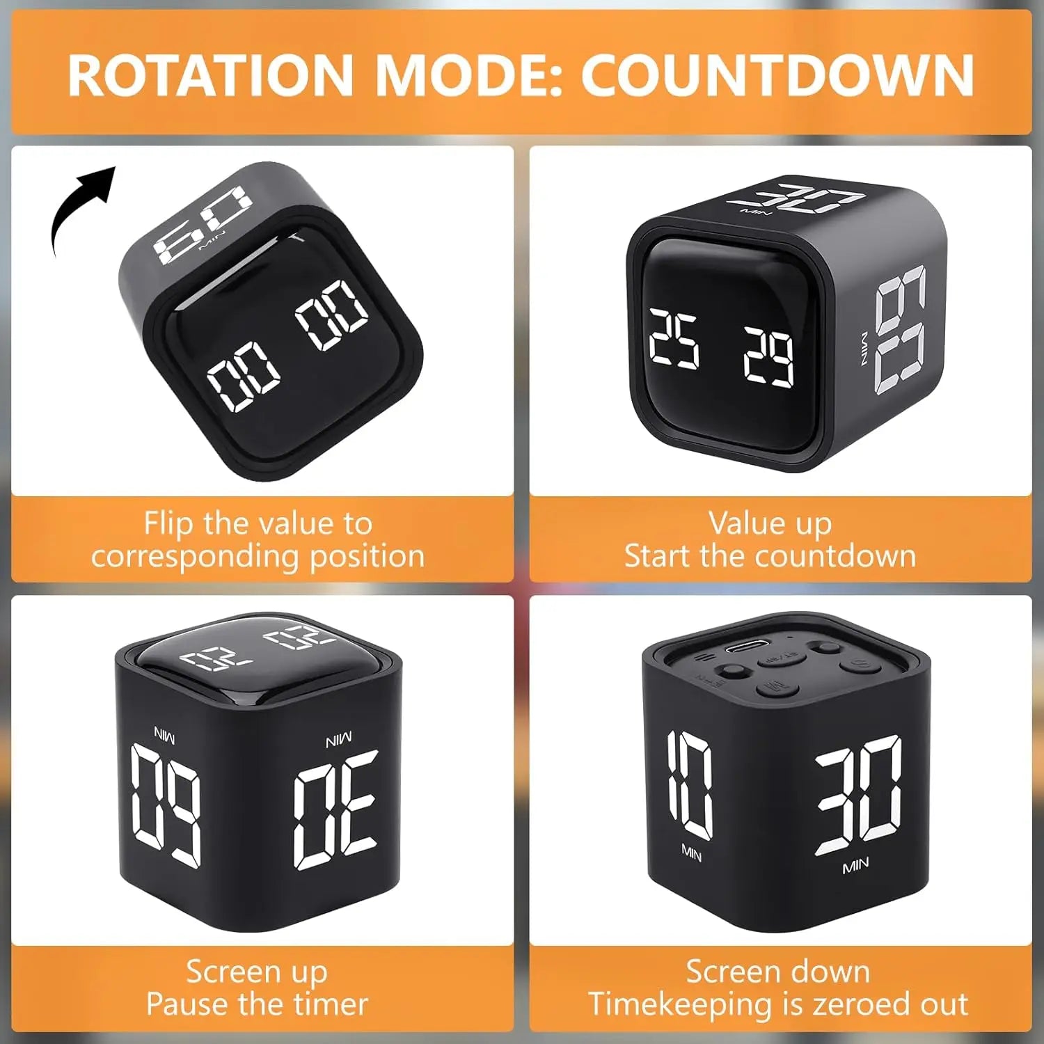 Pomodoro Digital Timer Cube Flip Clock, 5/10/30/60min Study&kitchen Cute Timer, Silent, Vibrate & Adjustable Soud Alarm