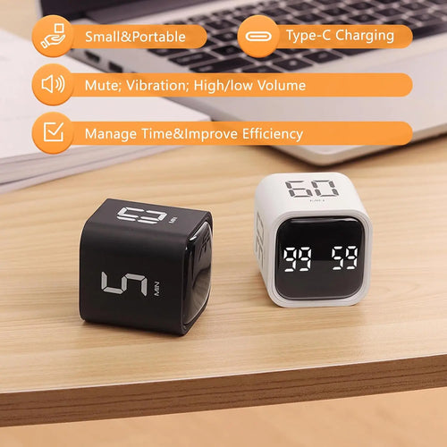 Pomodoro Digital Timer Cube Flip Clock, 5/10/30/60min Study&kitchen Cute Timer, Silent, Vibrate & Adjustable Soud Alarm